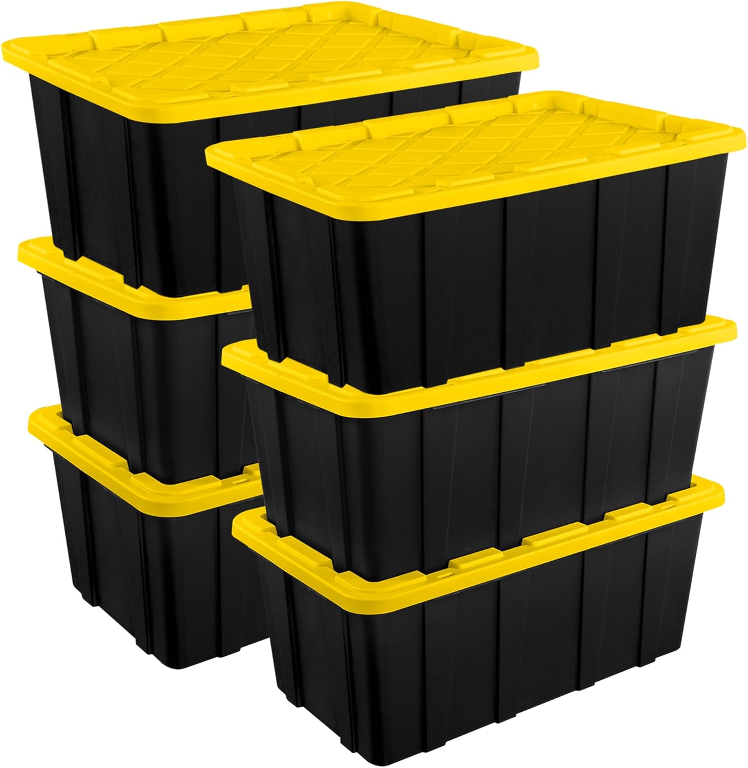 Sterilite plastic storage totes used for planning shelf spacing